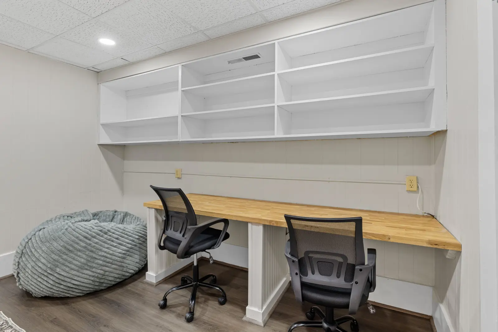 Built-in desks and bean-bag seating